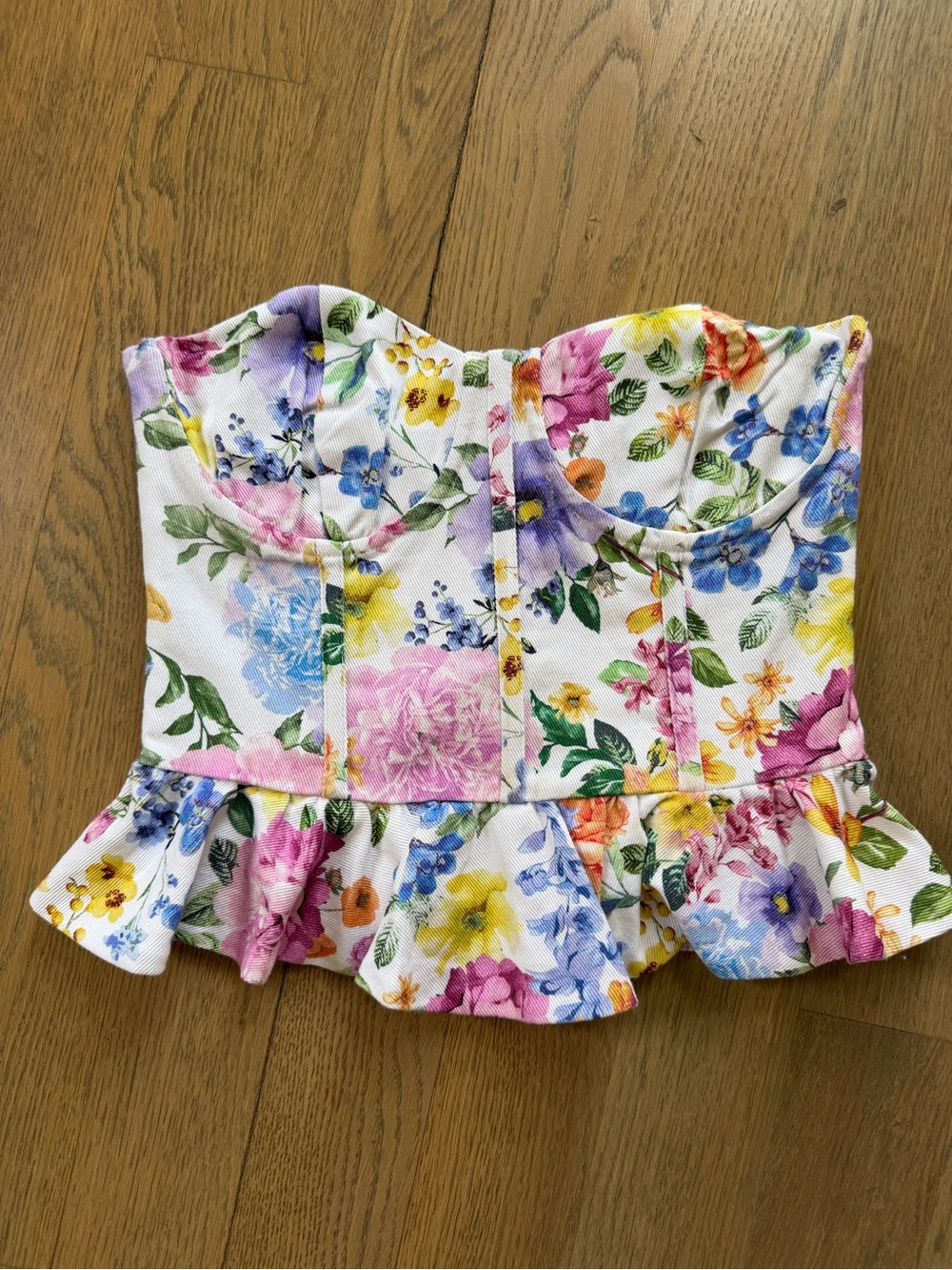 Olivaceous White Floral Strapless Peplum Bustier
